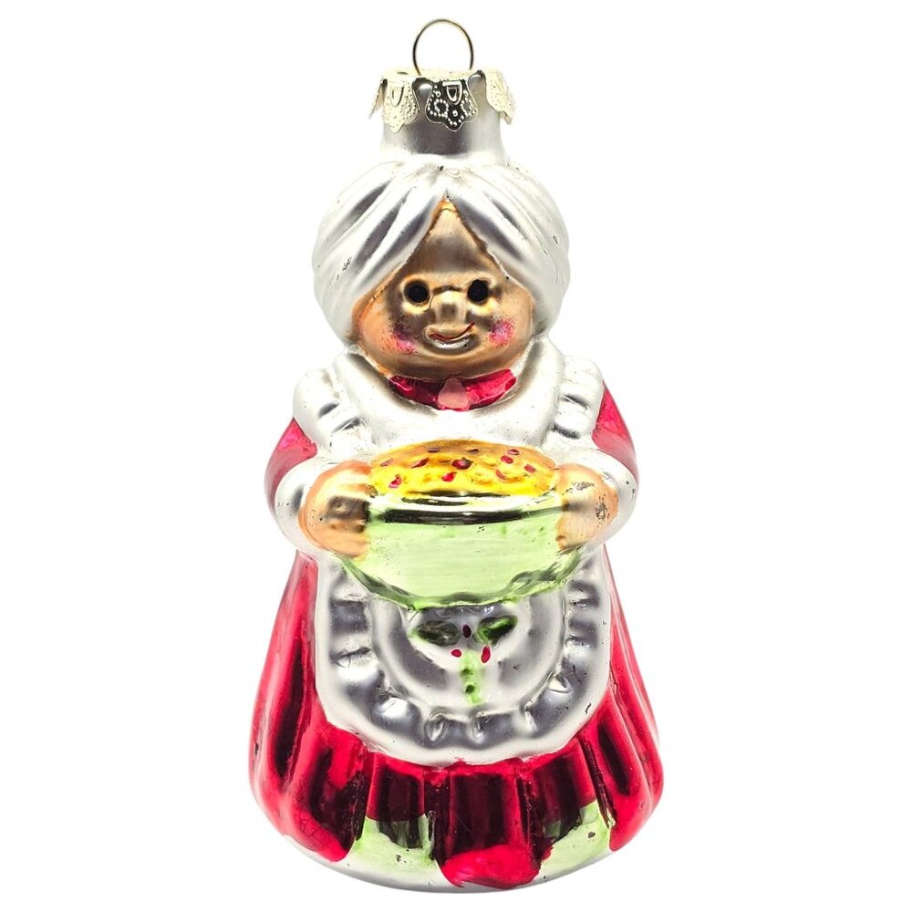 Vintage Mercury Glass Style Mrs. Claus Santa Christmas Ornament With Pie 1990's